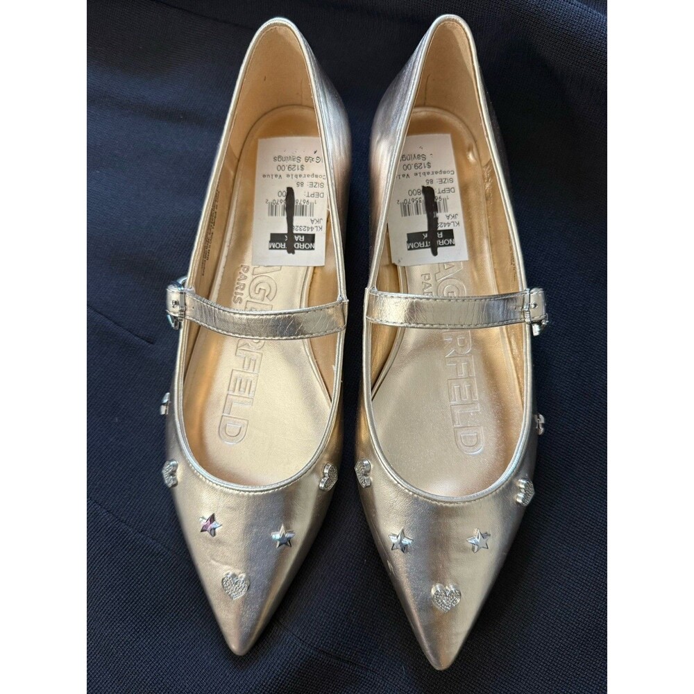 KARL LAGERFELD PARIS Women's Veyda Mary Jane Pointed Toe Flats Gold Size:8.5